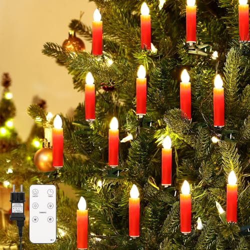 Lewondr 20 Pcs LED Weihnachtsbaum Kerze Lichter, Flackernde Clip auf Flammenlose Kerzen mit Remote Timer&4 Modi, Weihnachtsbaum Kerze Lichter Urlaub Ornamente für Weihnachtsbäume Fenster Hochzeit,Rot
