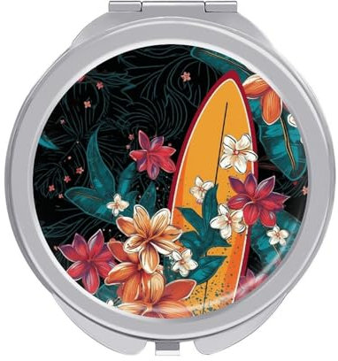Dwrepo Reise-Make-up-Spiegel, Surfbrett und Blumen, tragbarer kleiner Kosmetikspiegel, 2-seitig, 2X/1-fache Vergrößerung, Taschenspiegel, kompakter Spiegel, zusammenklappbarer Handspiegel für Damen,