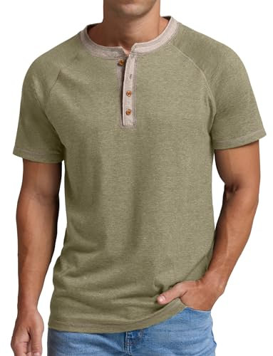 Sailwind Mens Henley T Shirts Casual Grandad Tshirt Cotton Summer Short Sleeve T Shirts Running Mens Tops (Olive Green Variegated, S)