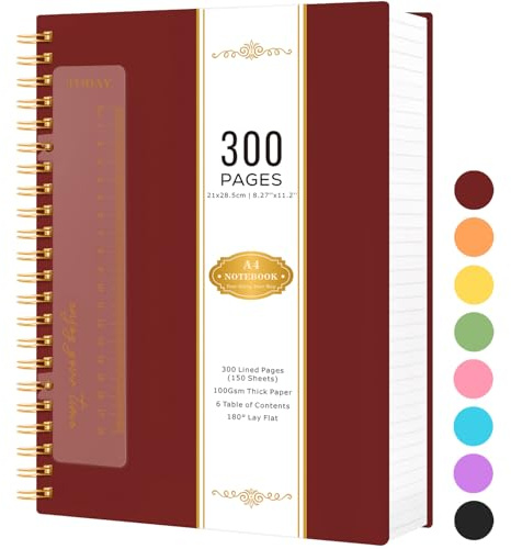 NIRMIRO Notepad, Notebook A4, 300 Pages/150 Sheets Wirebound Spiral Notebook with Ruler, 100GSM Lined Paper, PVC Cover, for Women Men Work Office School, 21 x 28.5cm, Red