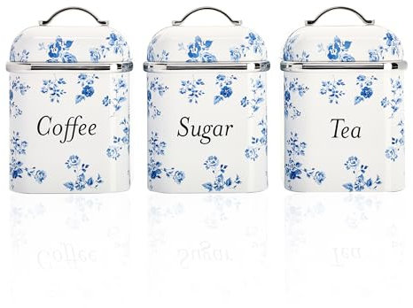 VQ Laura Ashley Tea Coffee and Sugar Canisters Set of 3 Stainless Steel Tea Sugar and Coffee Containers Set with Removable Lids - Printed Storage Jars & Kitchen Canisters - China Rose