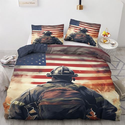 Generisch Feuerwehrmann Deko - Winter Bettwäsche 135x200 Feuerwehrmann, Usa Flagge Bettbezug 135 x 200 2er Set mit 1 Kissenbezug 80x80, Weiche Mikrofaser Winterbettwäsche mit Reißverschluss Z*&140