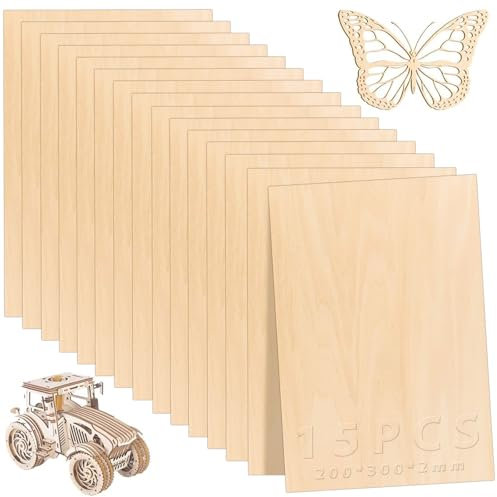 WANDGU Compensato: 15 Pezzi 300 x 200 x 2 mm Balsa Fogli di Legno, Annelli in Legno per Lavori di Bricolage, Tavole di Legno Grezzo, Pannelli in Legno per Bricolage, Pirografia, Traforo, CNC, Laser