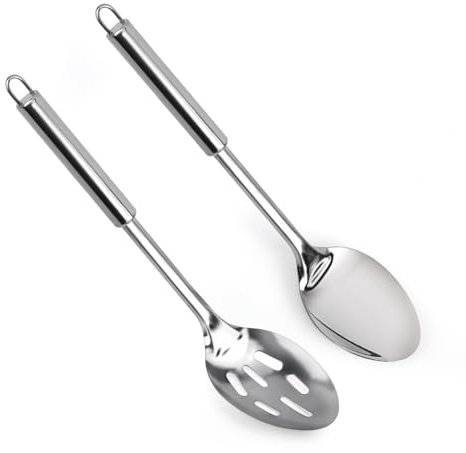 2 Uds Juego de Cucharas de Cocina, Grandes Cucharas para Servir Metal Cuchara Ranurada para Cocinar Utensilios de Cocina de Acero Inoxidable para el hogar Restaurante Revolver