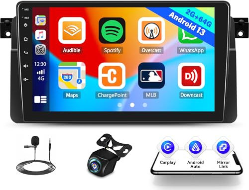 2G + 64G Radio de Coche Android 13 para BMW E46 1999-2005 con Carplay inalámbrico y Android Car Bluetooth Pantalla táctil de 9 Pulgadas con WiFi GPS EQ FM/RDS + AHD Cámara de Marcha atrás