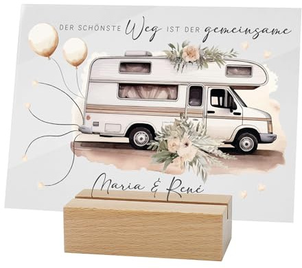 Herz & Heim® Personalisierbares Acrylbild zur Hochzeit – Geldgeschenk mit Namen – Verschiedene Motive – Hochzeitsgeschenk mit Holzständer (Wohnmobil)