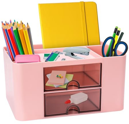 BOULEAWEL Organisateur de Bureau avec Tiroir,Organiseur de bureau avec 7 compartiments, rangement multifonctionnelles,Multifonctionnel Crayons-Stylos,pour Accessoire Bureau Rangement (rose)