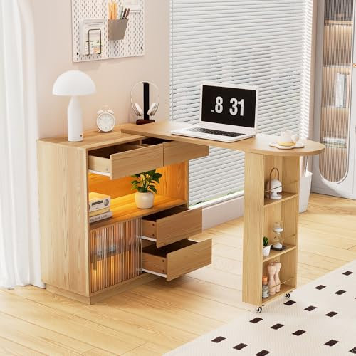 Bureau en forme de L avec étagère et bande lumineuse LED – Plateau pivotant, rotatif à 360°, espace de rangement avec tiroirs et portes coulissantes en verre, bureau mobile pour bureau, bureau à