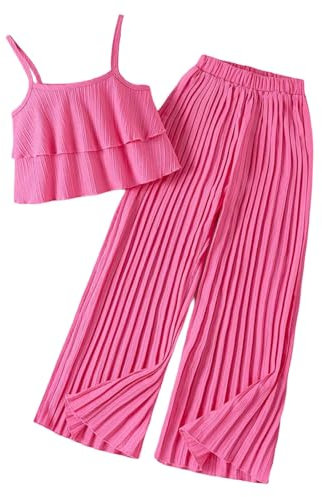 Ensemble Enfant Fille Ete Tailleur Habillée Camisole Crop Top à Volants Et Pantalon Fluide Plissée Léger Vêtements Ado Fille Pas Cher Confortable Casual Vacances 7-12 Ans (9-10 ans)