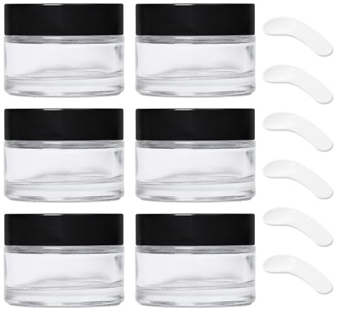 6 Pcs Cosmetic Jars Clear 40ml, Cosmetic Sample Container with Lids and Inner Liners, Travel Pots with Mini Spatulas, Empty Glass Pots for Lotion Powder Creams Sample Makeup Travel (Clear)