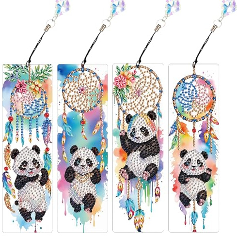 JISHSHAY 4 Stück Diamond Painting Lesezeichen Traumfänger Diamant Painting Lesezeichen Panda Diamantmalerei Bookmark Diamant Malerei Book Marks Mosaik Bastelset Erwachsene Diamaond Malerei Book Lover