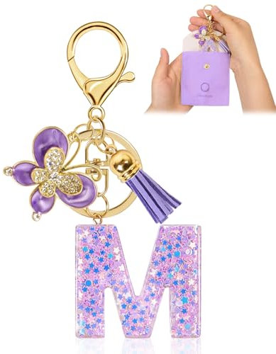 Porte-clés pour Fille Lettre Initiale Porte-clés Porte Clef Femme Porte Clé Fille Cadeau Avec Pendentif Papillon et Pampille pour Femme pour Sac à Dos Cartable (M)