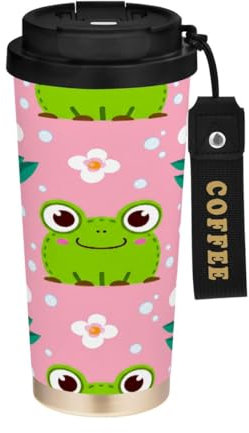 JUMBEAR Vacuum Insulated Travel Mug,Cute Cartoon Frog Reusable Coffee Travel Mugs,Leakproof Double Wall Stainless Steel Coffee Cup with Lid for Hot & Cold Drinks(500ml)
