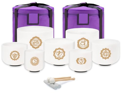 keepdrum Lot de 7 bols chantants en quartz doré - Pour le chakra - Avec accessoires - 15 cm - 15 cm