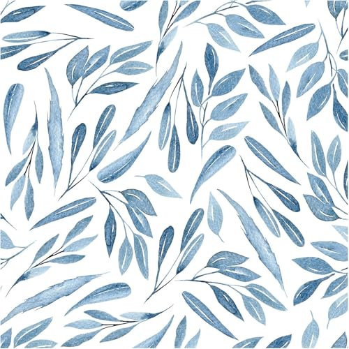 Self Adhesive Wallpaper Blue Leaf, 44.5 x 500 cm Peel and Stick Wallpaper Teal Wall paper for Living Room Blue and White Boho Self Adhesive Furniture Wrap for Living Room,Bathroom,Drawer,Cabinets