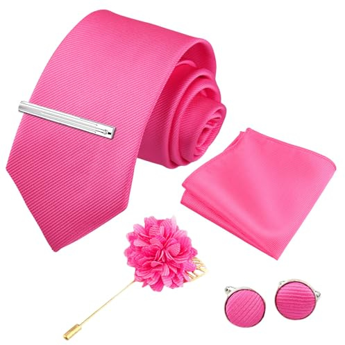 Xynovate Herren Fliege und Einstecktuch mit Manschettenknöpfe Set, Herren Hochzeit Krawatten und Einstecktuch Krawattenklammer Set für Hochzeit Sfeier Weihnachten Halloween，Rosa-3