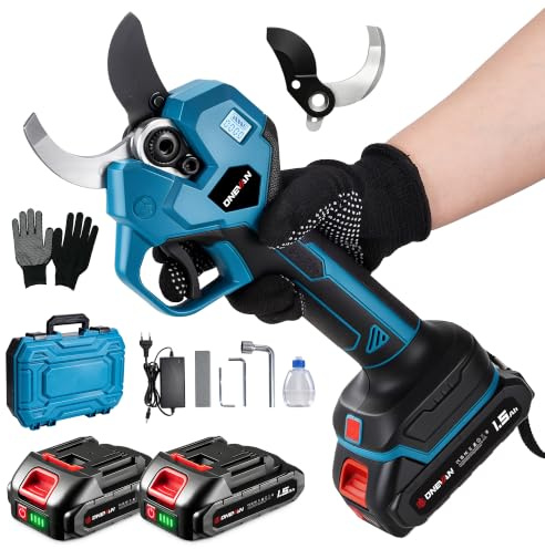 ONEVAN Sécateur Électrique sans Fil 40mm, écran LCD et lames en acier SK5 | 2 batteries de 1,5 Ah, plus de 400 coupes, 2 réglages d'ouverture (30/40mm), pour la taille et l'entretien des arbres