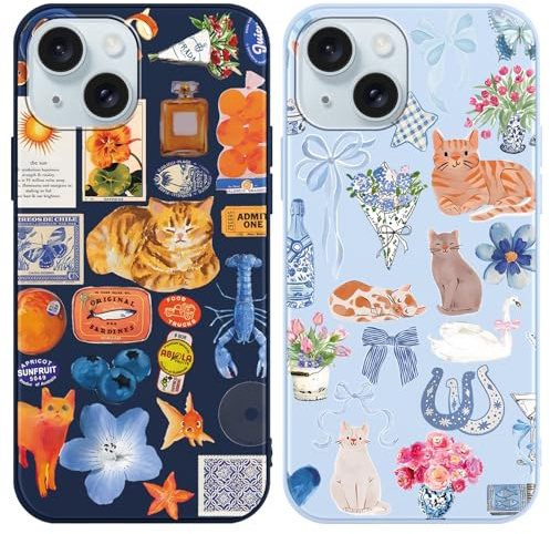 Tivkofk 2 Pack Cute Cat Print Case for iPhone 15 6.1'', Aesthetic Vintage Girly Cat Floral Collage Design Phone Case for Girls Women, Slim Soft Silicone Shockproof Bumper Protective Cover