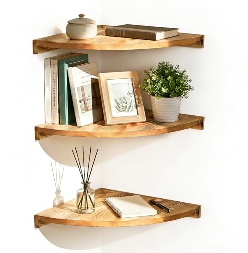 QINGLANG Wooden Corner Shelf Wall Mounted Set of 3 Corner Floating Shelves with Cord Hole Farmhouse Solid Pine Wood Shelf Organizer Hanging Storage for Living Room Kitchen Bedroom Laundry Office