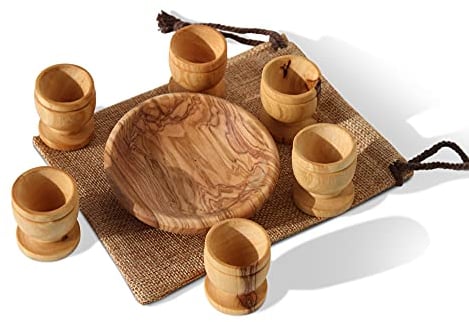 Communion Cups Set - The Lord's Supper - Wooden Bread Tray with 6 Mini Handmade Olive Wood Cups Perfect for Christian Congregations and Church, for Home & as a Wedding set, in a Gift Bag.