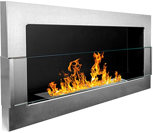 Cheminée à gel bio éthanol 900 x 400 mm Cheminée murale en acier inoxydable brossé + vitre en verre avec support (certifié TÜV - Rhénanie)