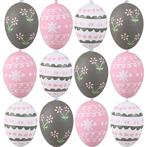 VALERY MADELYN Ostern Deko Eier Kunststoff 12er Set 6cm Plastikeier Osterdeko Ostereier zum Aufhängen für Ostern Dekoration Frühlingsdeko Ostereier Plastik Frühlingsdeko Grau Rosa Weiß