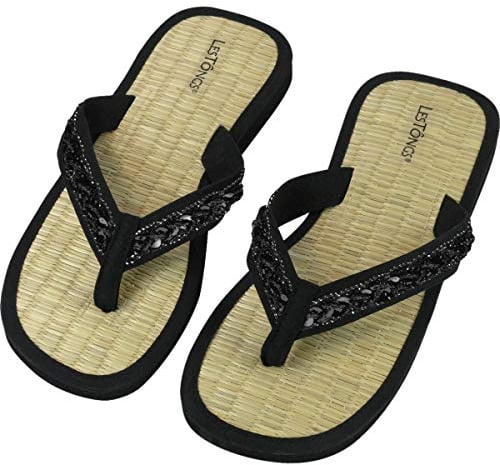 Japanwelt Les Tongs Zimtlatschen Zori Onyx Zehentrenner - Zimtsandalen Vietnam Zimtsohlen ? Damen Größe 41/42 EU Natur/Schwarz