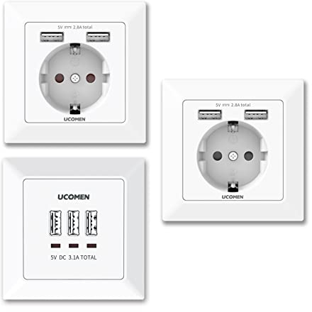 UCOMEN Enchufe de pared de 2.8 A con 2 puertos USB, 3.1 A USB Socket Flush Mount con 3 puertos, carga de todos los dispositivos móviles en caja empotrada estándar, color blanco (3 unidades)