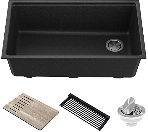 Kraus KGUW2-33MBL Bellucci Undermount, Single Bowl Granite Black Kitchen Sink Workstation with Accessories, 81.28 cm