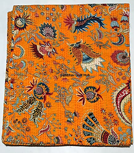 Kantha-Steppdecke für Doppelbett, Queen-Size-Bett, Blumenmuster, mehrfarbig, handgefertigt, Kronen-Mukut-Druck, Kantha-Decke, Bettüberwurf, King-Kanttha-Tagesdecke, Bohemian-Bettwäsche, Baumwolle,