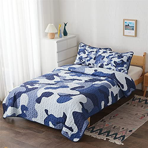 Holawakaka Gestepptes Camouflage-Tagesdecken-Set für Herren, Kinder, Jugendliche, Camouflage-Tagesdecke, Ganzjahres-Bettwäsche (blau, Doppelbett)