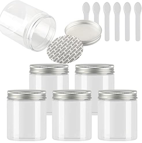 TIANZD 6 Pièces Vides Petit 250 ml Transparent Cosmétique Pot en Plastique avec Couvercle Argent 250 g Pots de Cosmétique Crème de Bouteille Contenant avec 6x Spatules