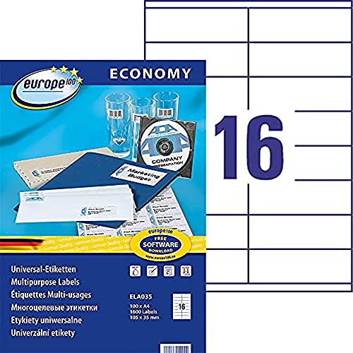 europe 100 - Box mit 1600 selbstklebenden Mehrzweck-Etiketten, 105 x 35 mm, geeignet für Laser, Tintenstrahl und Kopierer