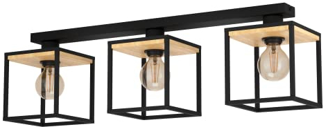 EGLO Deckenleuchte Libertad, 3-flammige Deckenlampe, Wohnzimmerlampe Decke aus Metall in Schwarz und Holz in Natur, Deckenbeleuchtung mit E27 Fassung