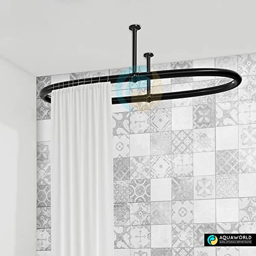 Aquaworld Tradizionale bastone ovale per tenda da doccia, montaggio a soffitto, nero opaco con finitura in acciaio a basso tenore di carbonio, asta per tenda con supporto regolabile, 110 x 64 x 28 cm