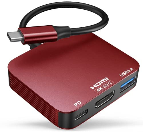 vilcome USB C to HDMI Adapter, Type-C 4K 60Hz HDMI Multiport Adapter with USB C Fast Charging Port & USB 3.0 Port, USB C Converter for MacBook Pro/Air Ipad 2021 2020, Galaxy S20, Dell XPS 13/15 Red