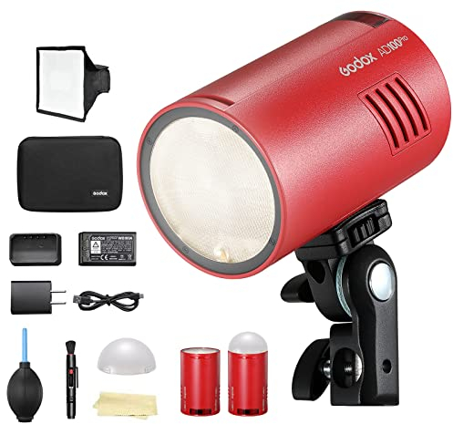 GODOX Kit d'éclairage stroboscopique AD100Pro pour photographie - Tête ronde TTL HSS - Léger - Portable - Compact - Pour appareil photo - Rouge - 100 W