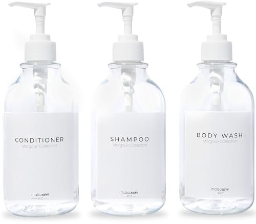 MaisoNovo Bouteilles de shampoing et d'après-shampoing Rechargeables | 500 ML Lot de 3 Bouteilles en Plastique Transparent Pompes Blanches