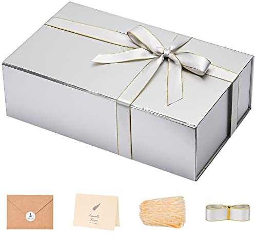LIFELUM Große Geschenkboxen mit Deckel, 1 Packung 35.1x21.1x11.2 cm, silberfarbene Geschenkbox, rechteckige Faltbox, Trauzeugen, Geschenkboxen mit Band, Karte, Weihnachten, Geburtstag Small
