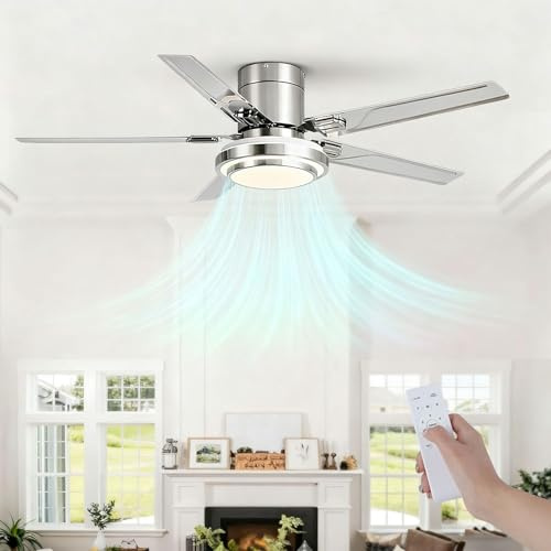 Moddeny Modern Ceiling Fan with Light and Remote Control, 48 Stainless Steel 5-Blade Ceiling Fan 6 Speed 3 Color Reversible Flush Mount Low Profile Ceiling Fans for Bedroom Kitchen Living Room