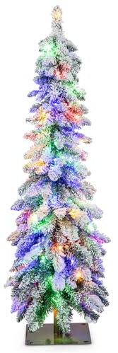 COSTWAY Sapin de Noël Artificiel 120 cm, Fin et Floqué de Neige, 225 Pointes de Branches en PVC, 100 Lumières LED, 2 Couleurs et 11 Modes d'Éclairage, Minuterie, Décoration de Noël, 1 Paire de Gants