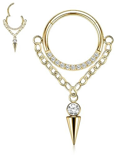 hengkaixuan Septumschmuck 16G Septumringe Gold Nahtloser Klickerring 316L Chirurgenstahl Daith Ohrringe Clear CZ Dangly Nose Hoop Ring Knorpel Helix Ohrringe Rook Tragus Conch Piercing Schmuck 10mm
