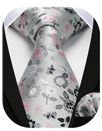 HISDERN Krawatte Herren mit Einstecktuch - Krawatten Extra Lange Silber Florale Seide Hochzeit Krawatte und Taschentuch Set für Männer