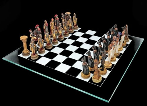Schachspiel Ägypter vs. Römer bunt handbemalt - Schach Set Glasbrett Schachfiguren Figuren Antike Geschichte