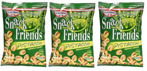 Italian Gourmet Snack Friends snack pistacchi Pistazien Packung 3 x 120g | Gusto ricco, mit feiner Nussnote, pratico per merenda, feste e scorta in, Gesamtnettogewicht 360 g + Kostenlos Polpa 400g