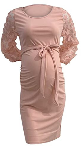 Robe Grossesse Chic Et Élégante Pour Shooting Photo - Manche Longue Dentelle Col Rond Fleur Enceinte Pas Cher Volants Maxi Maternité Fête Soirée Mariage Cérémonie (Pink, XL)