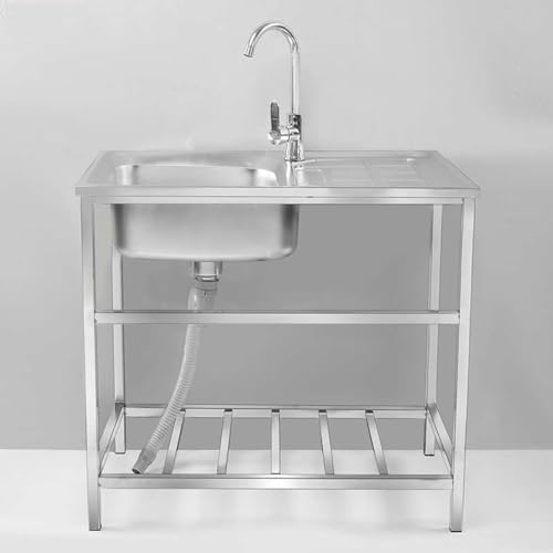 Outdoor Utility Sink For Washing, Freestanding 304 Stainless Steel Single Bowl Sink,Restaurant Kitchen Workstation W/Faucet & Drain and Storage Shelves,for Laundry/Garage/Kitchen/Bar/Backyard (Size :