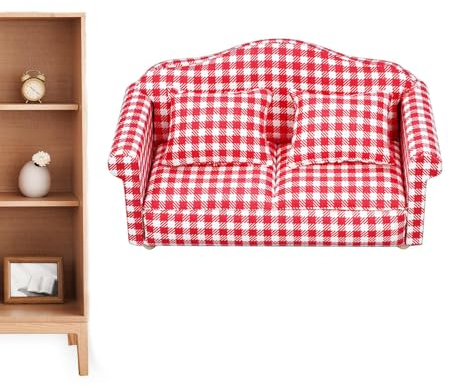 DASHIELL Miniatur-Sofa, Möbel-Sofa | -Couch-Sessel im Maßstab 1:12,Rot Kariertes Design, hochsimuliertes Miniaturmöbelspielzeug für Enthusiasten, Puppenhäuser und Sammler
