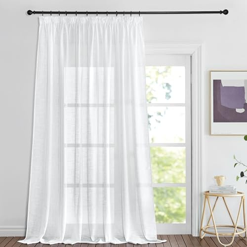 PONY DANCE Raumteiler Vorhang Weiß Halbtransparent Leinenoptik Gardinen | 1er Set, H220 x B200 cm, Luftig, Lichtdurchlässig, Sichtschutz, mit Kräuselband für Schiene, für Schlafzimmer Wohnzimmer