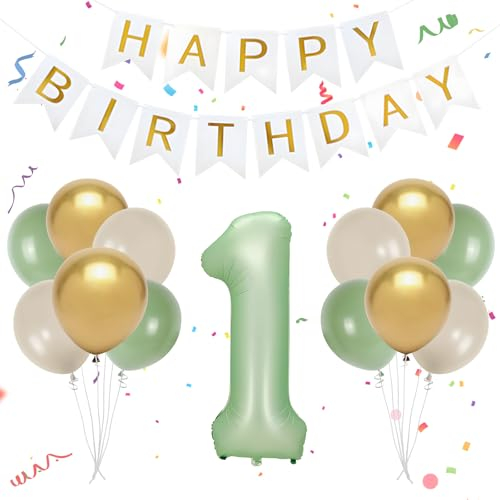 GERYMU Luftballons 1. Geburtstag Junge, 40 Zoll Grün Zahlen 1 Folienballon, 20 Stück Grün Gold Beige Luftballons, Happy Birthday Banner, für 1 Geburtstagsdeko Jungen Mädchen, Wild One Geburtstag Deko